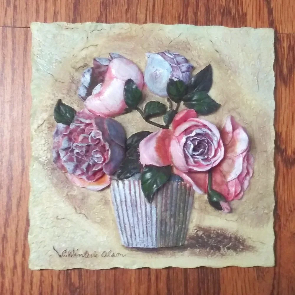 C. Winterle Olson 3D Tile ROSES +Planter Wall Hanging Plaque Bathroom Decorative